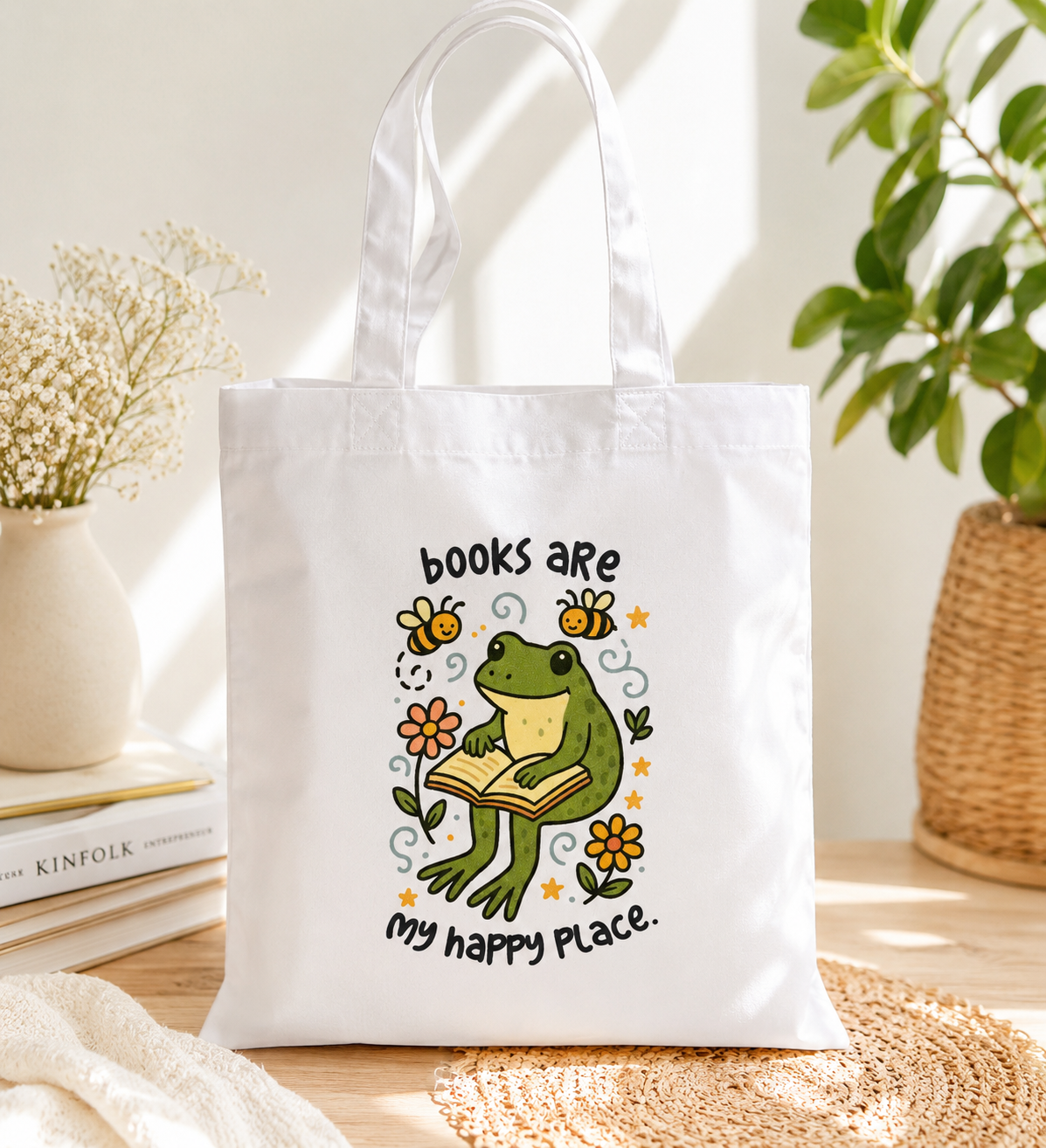 Books Are My Happy Place Frog Tote Bag | Cute Book Lover Gift | Reading Frog Shopper Bag | 100% Polyester Reusable Book Tote