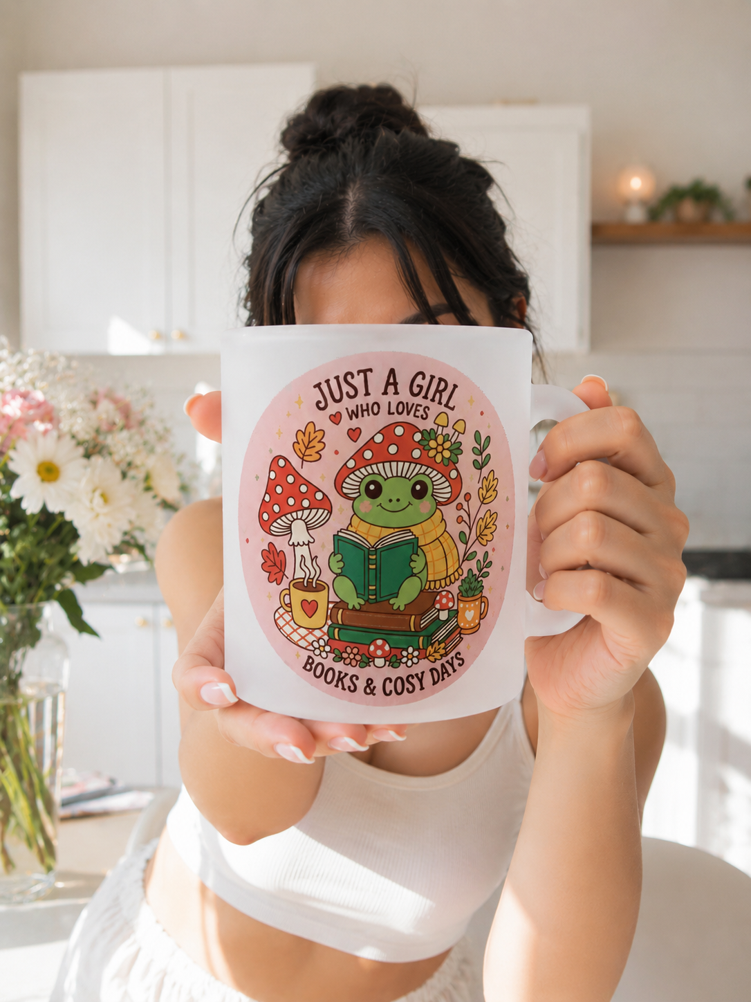 Cute Book Lover Frosted Glass Mug 11oz – "Just A Girl Who Loves Books & Cosy Days" Frog Coffee Cup | Printed In House
