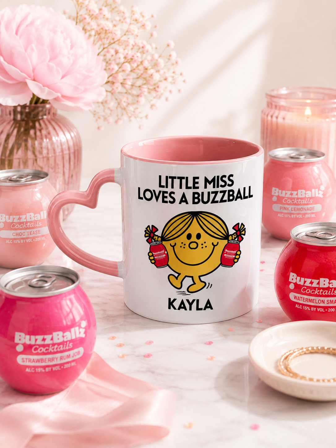 Personalised Heart Handle Ceramic Mug "Little Miss Loves a Buzzball" 11oz Mug