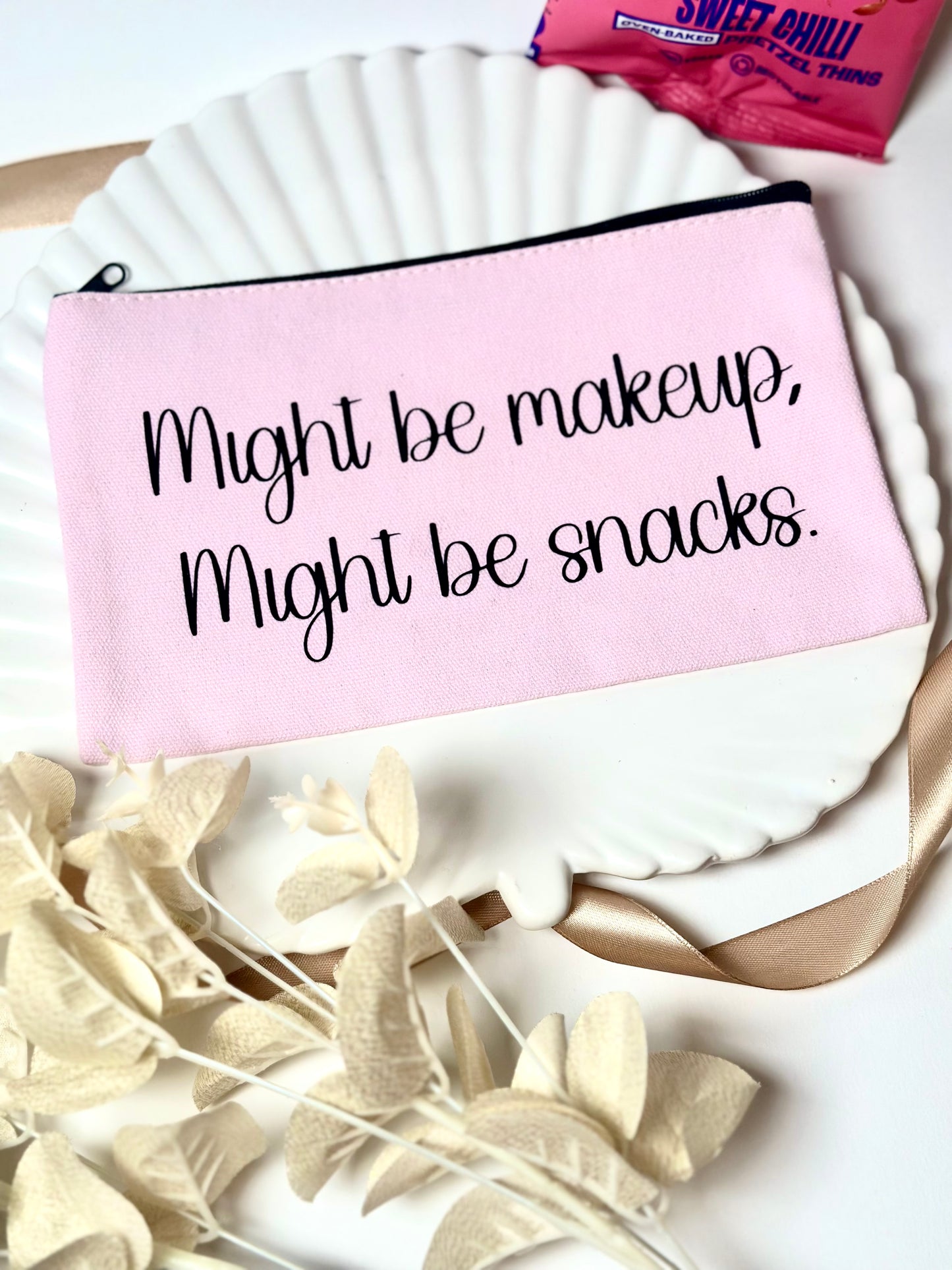 'Might Be Makeup, Might Be Snacks' Pink & Black Zip Pouch