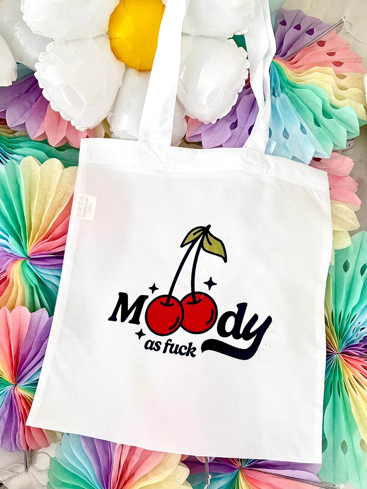 'Moody As F**k' Cherry Print Tote Bag Long Handles