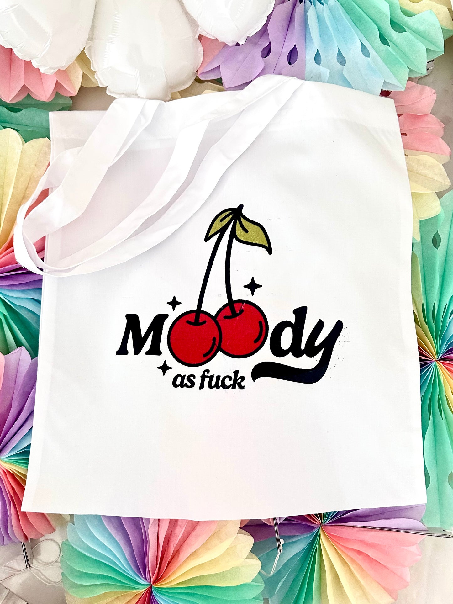 'Moody As F**k' Cherry Print Tote Bag Long Handles