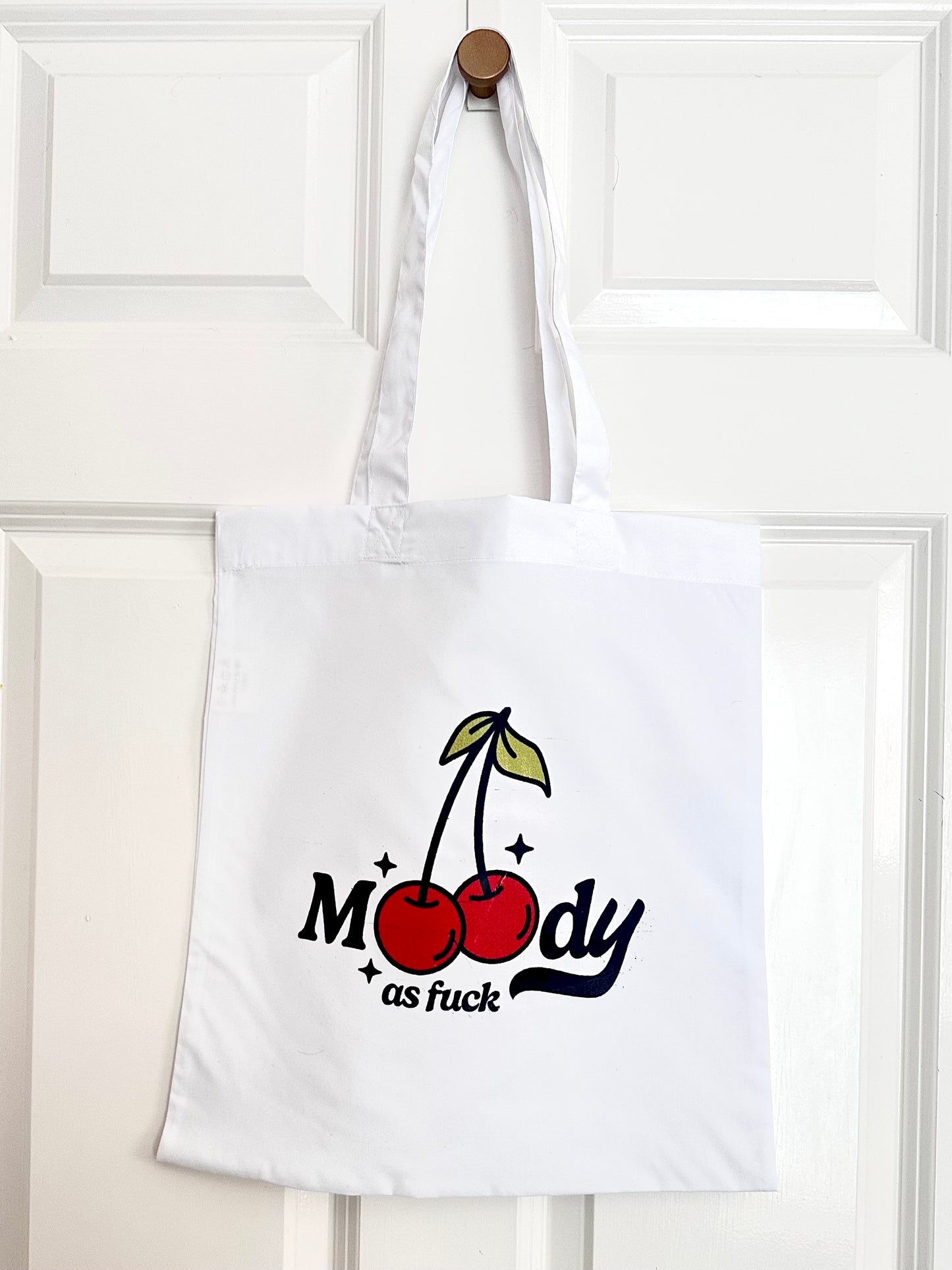 'Moody As F**k' Cherry Print Tote Bag Long Handles