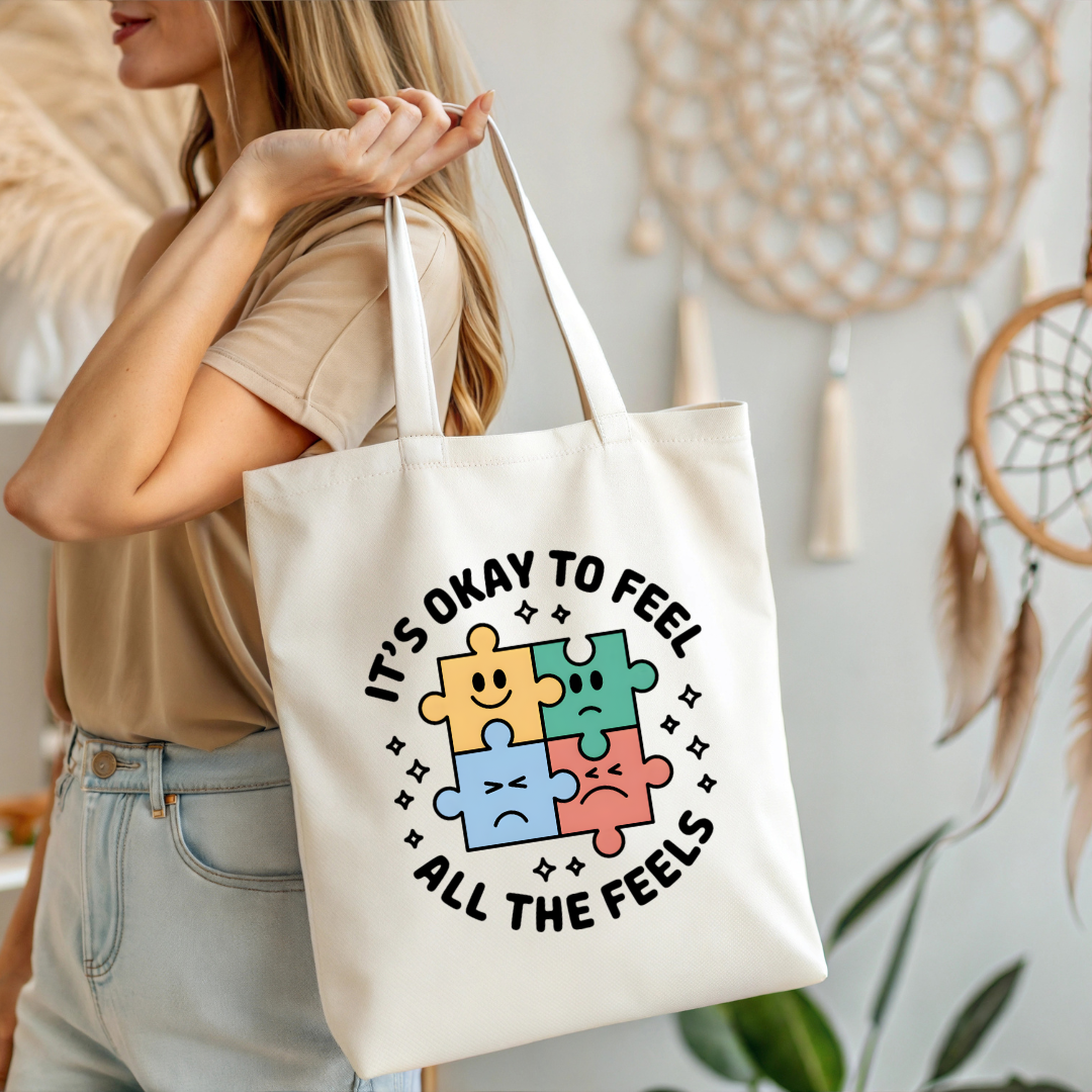 'Its Okay To Feel All The Feels' Print White Tote Bag