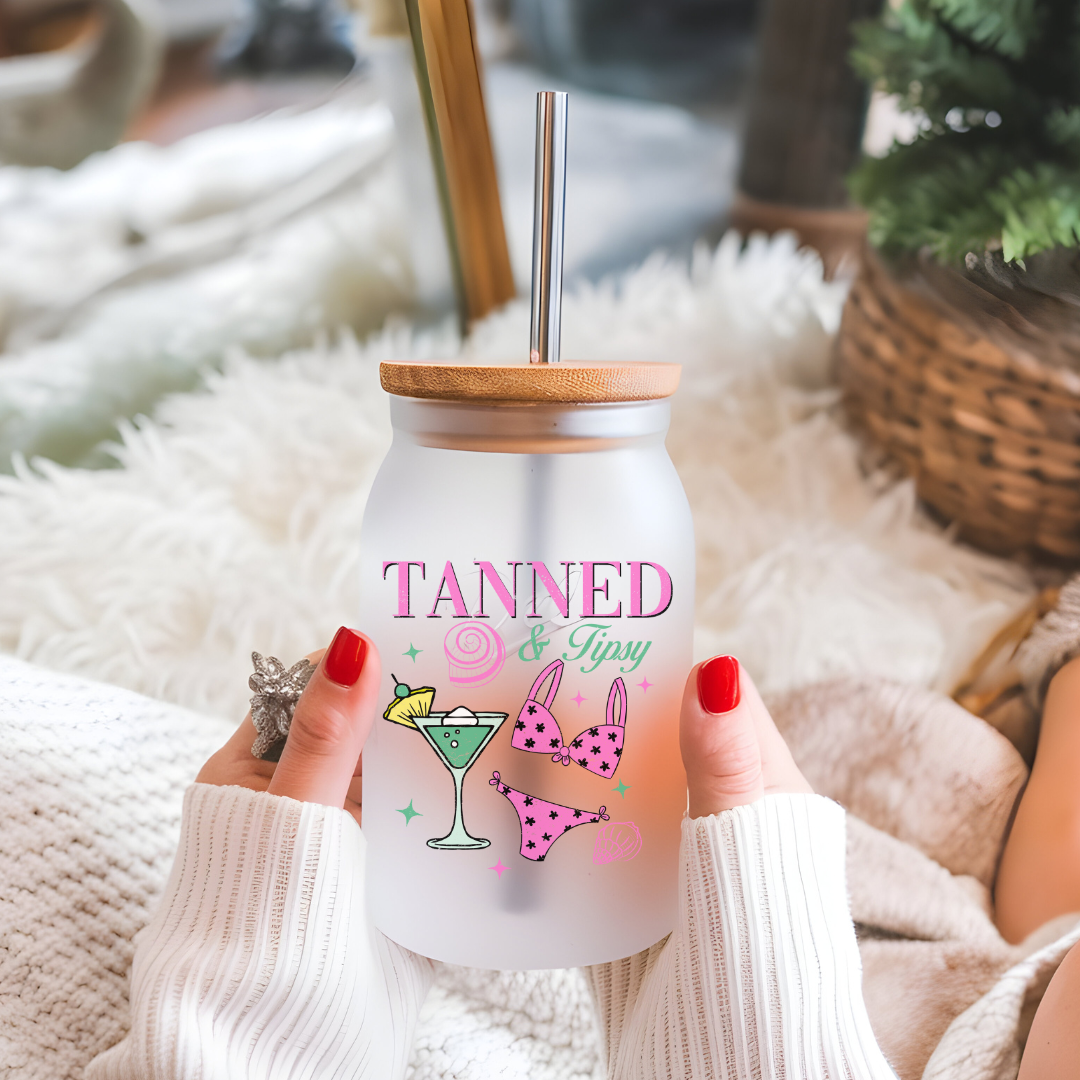 'Tanned & Tipsy' Frosted Tumbler Can With Straw