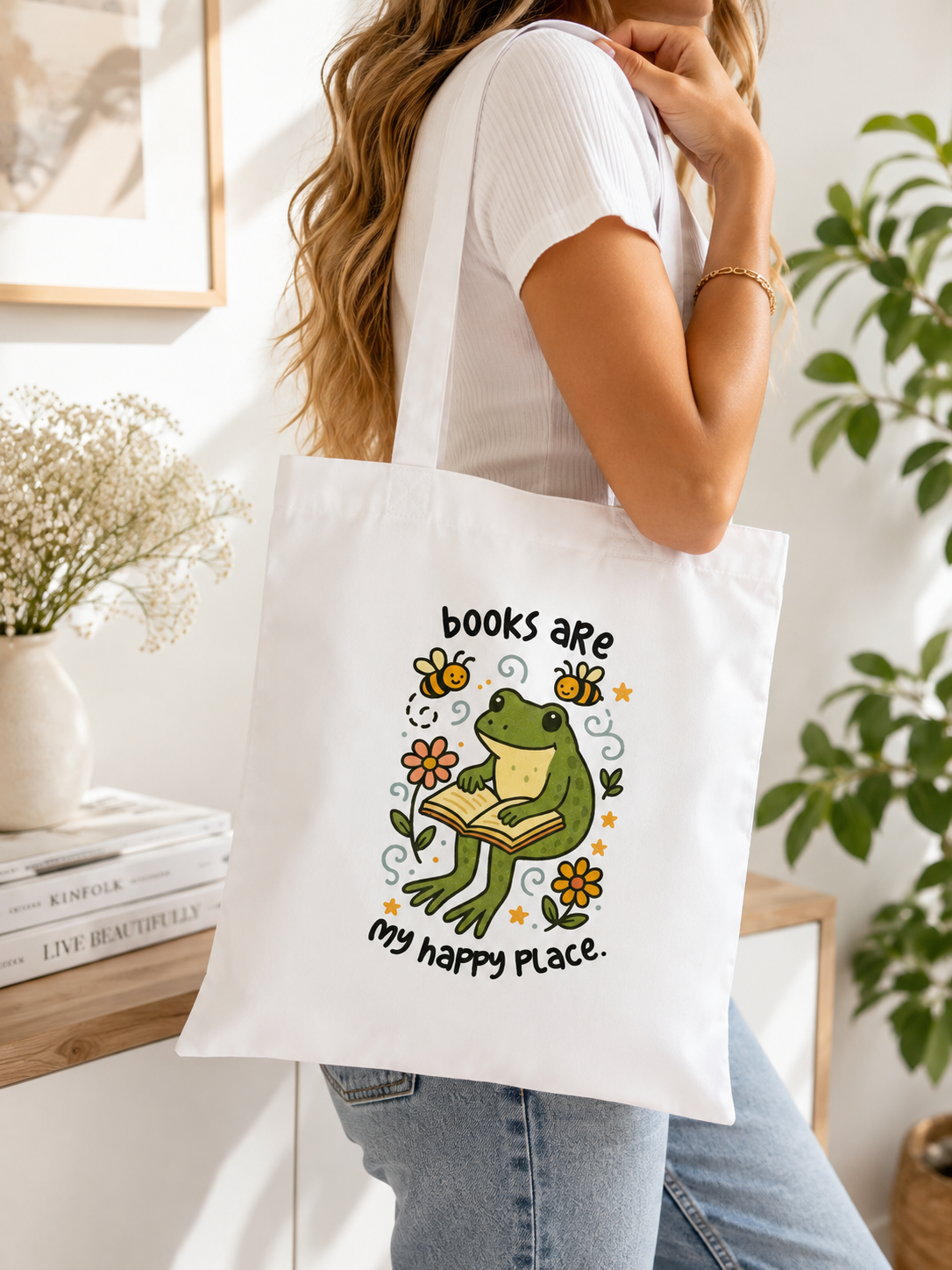 Books Are My Happy Place Frog Tote Bag | Cute Book Lover Gift | Reading Frog Shopper Bag | 100% Polyester Reusable Book Tote