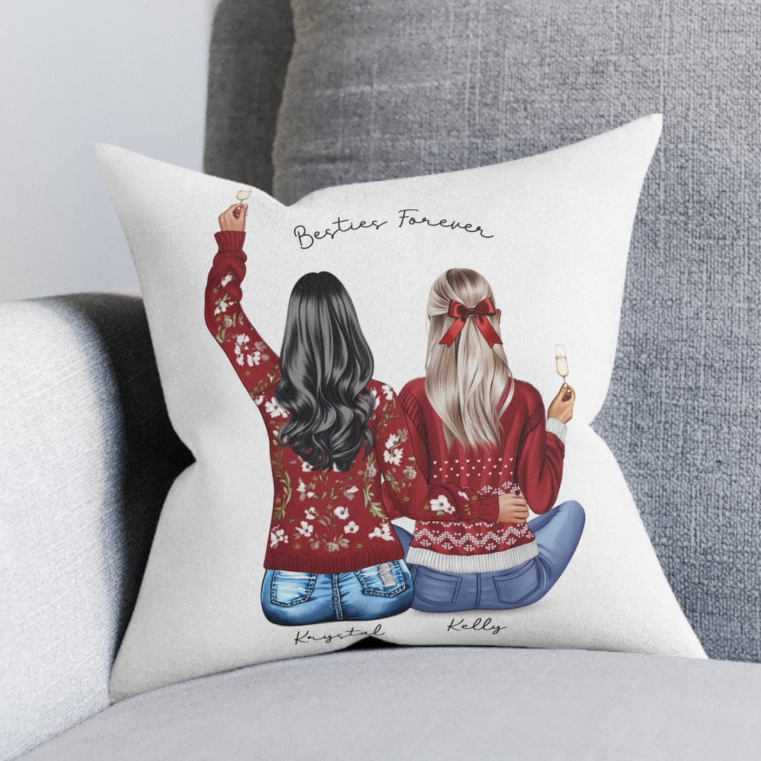 Pillow with illustration of two women wearing red sweaters and the text 'Besties Forever'.