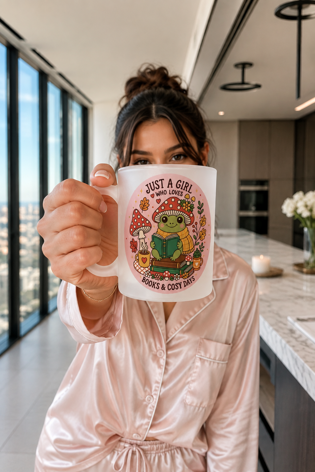 Cute Book Lover Frosted Glass Mug 11oz – "Just A Girl Who Loves Books & Cosy Days" Frog Coffee Cup | Printed In House