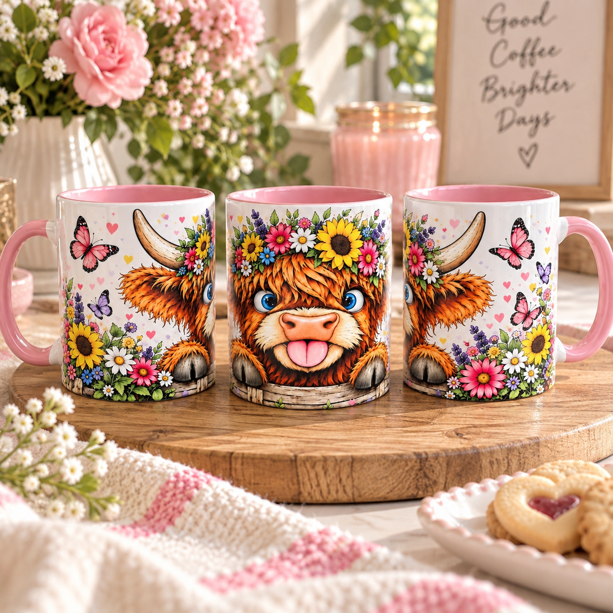 Highland Cow Cute Floral Mug – Pink Ceramic Coffee Mug, 11oz Gift