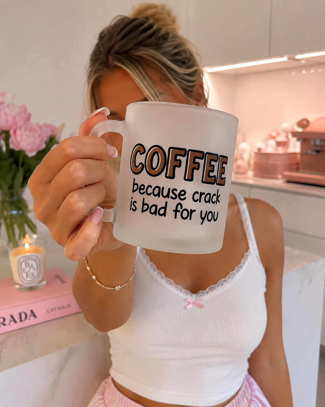 Funny Coffee Frosted Glass Mug 11oz – "Coffee Because Crack Is Bad For You" Novelty Coffee Cup | Printed In House