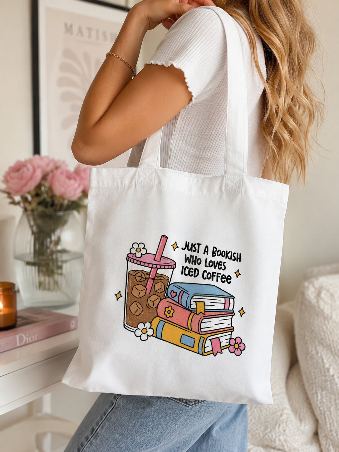 Just a Bookish Girl Who Loves Iced Coffee Tote Bag | Cute Book Lover Gift | Coffee & Books Shopper Bag | 100% Polyester Tote