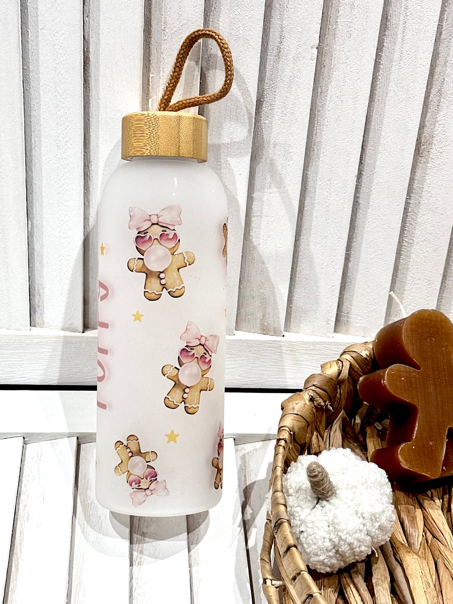 Personalised Bubble Gingerbread Frosted Water Bottle With Bamboo Lid