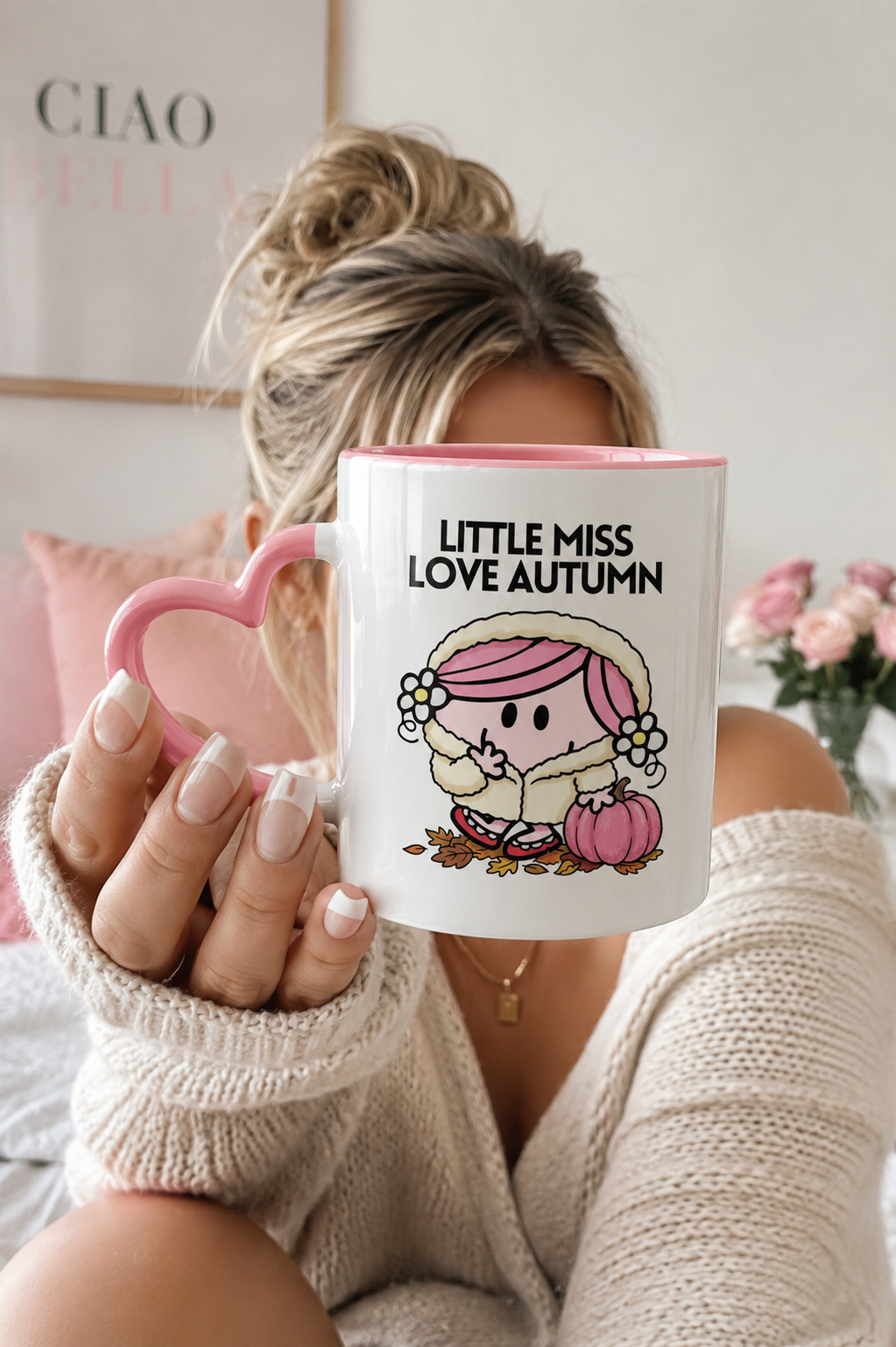 Little Miss Love Autumn Heart Handle Mug – Cute Pink Ceramic Coffee Mug, 11oz Fall Aesthetic Gift