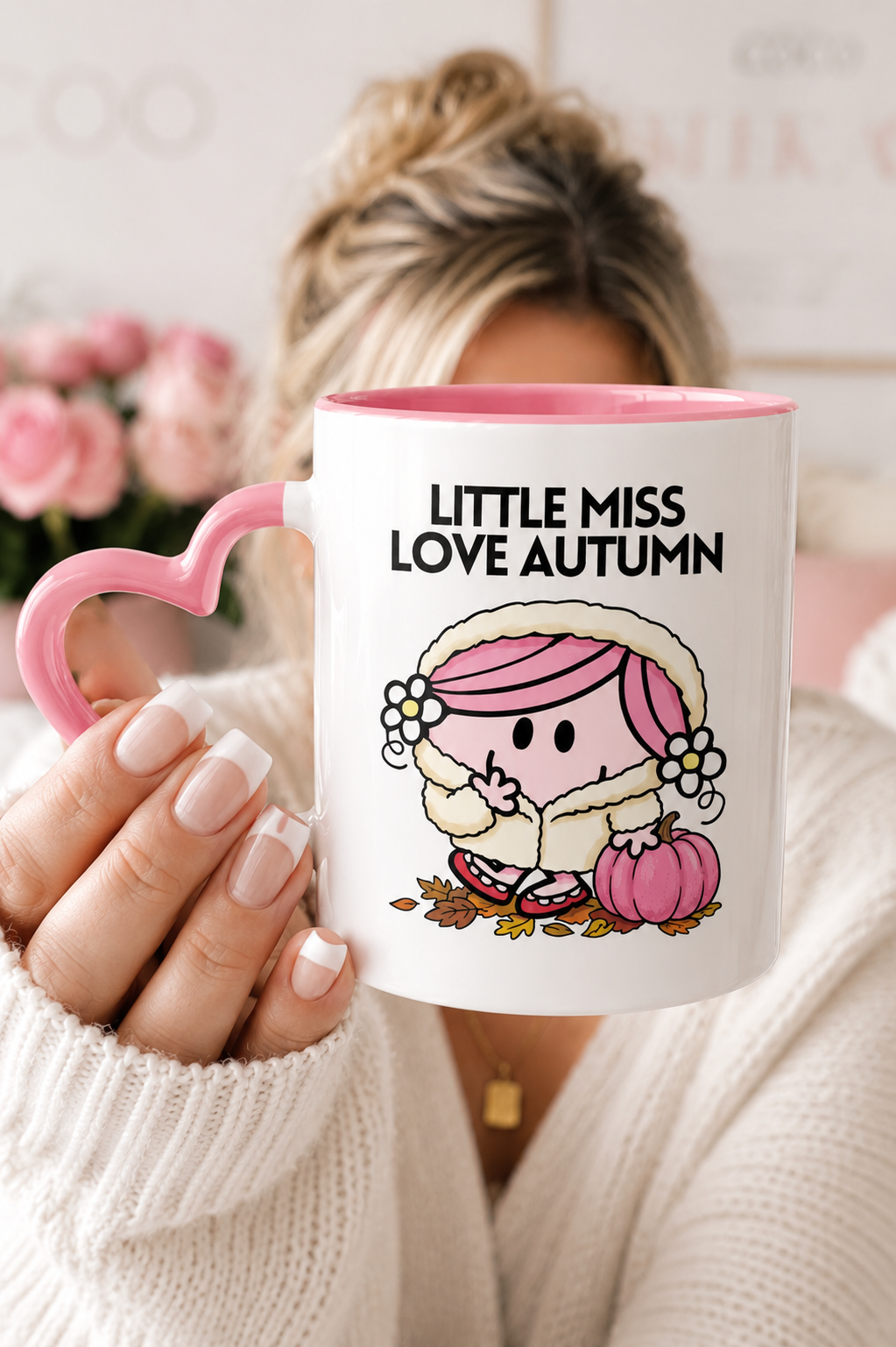 Little Miss Love Autumn Heart Handle Mug – Cute Pink Ceramic Coffee Mug, 11oz Fall Aesthetic Gift