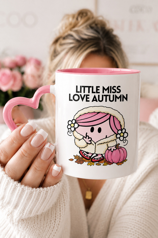 Little Miss Love Autumn Heart Handle Mug – Cute Pink Ceramic Coffee Mug, 11oz Fall Aesthetic Gift