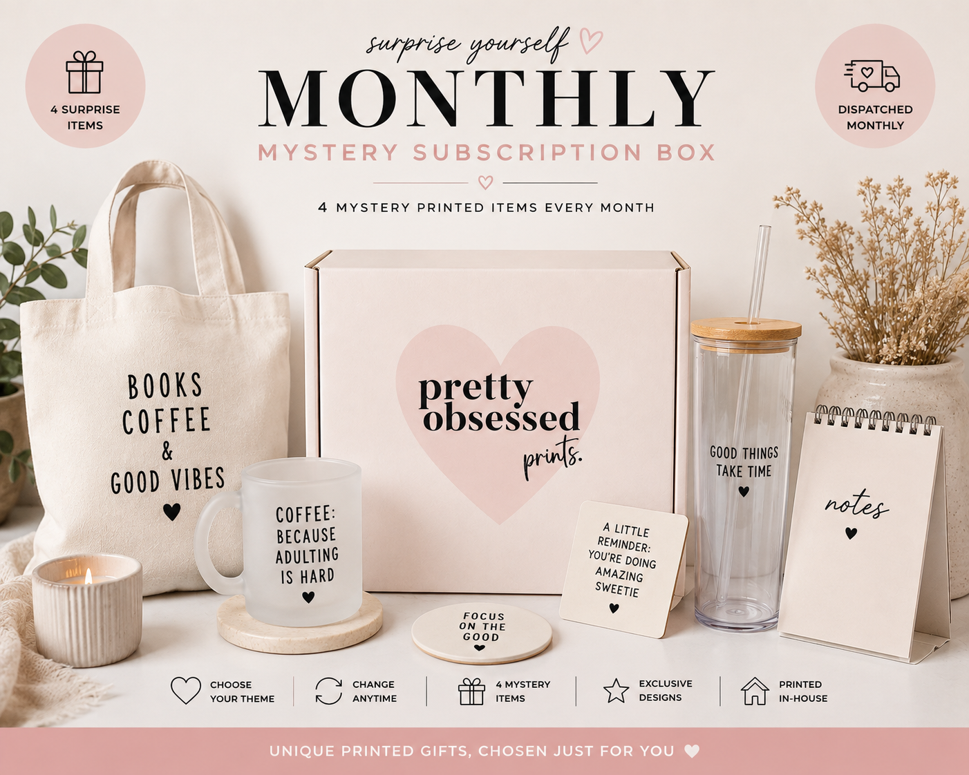 Pretty Obsessed Prints Monthly Mystery Subscription Box | 4 Surprise Printed Items