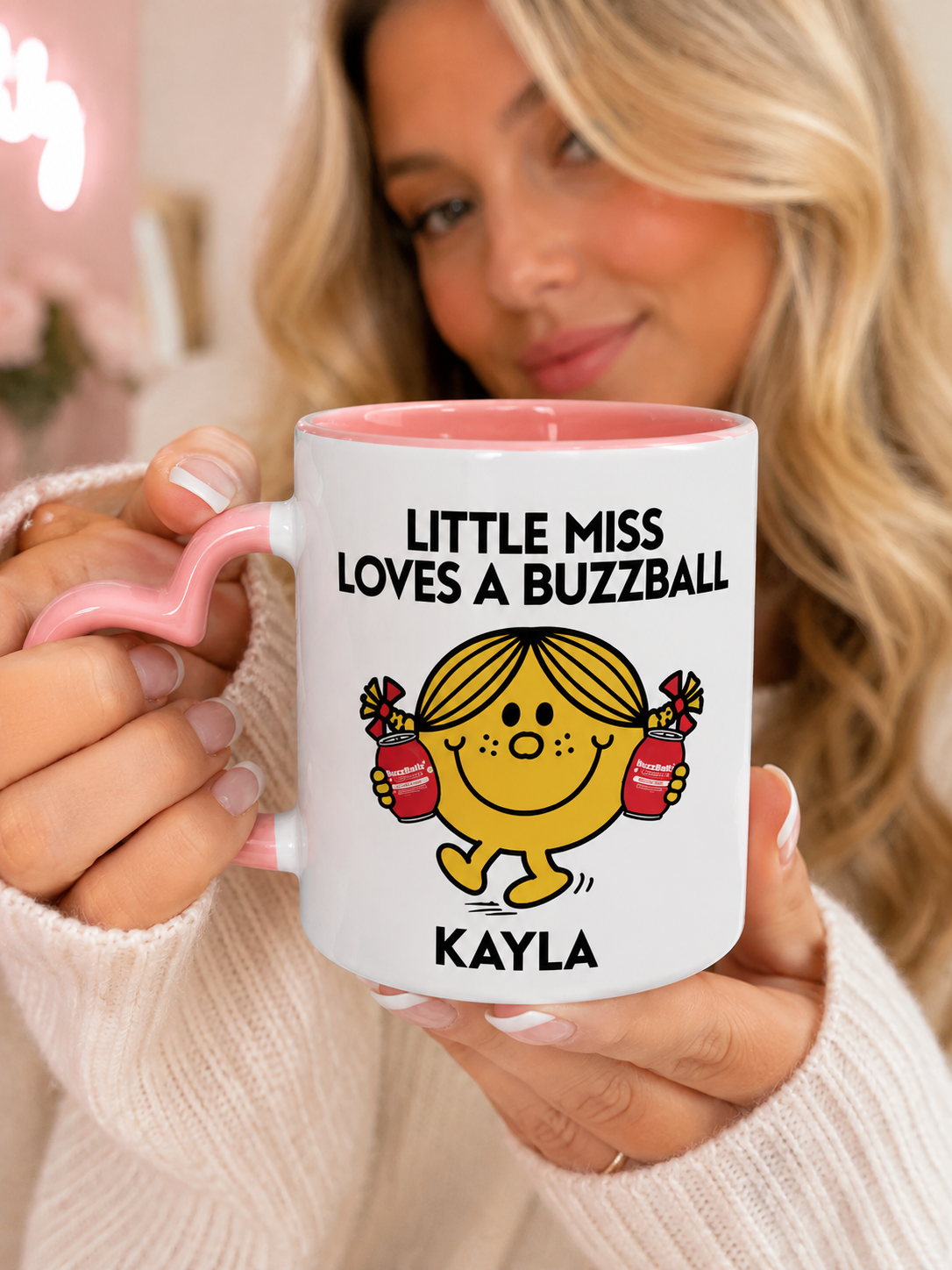 Personalised Heart Handle Ceramic Mug "Little Miss Loves a Buzzball" 11oz Mug