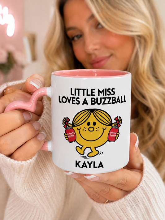 Personalised Heart Handle Ceramic Mug "Little Miss Loves a Buzzball" 11oz Mug