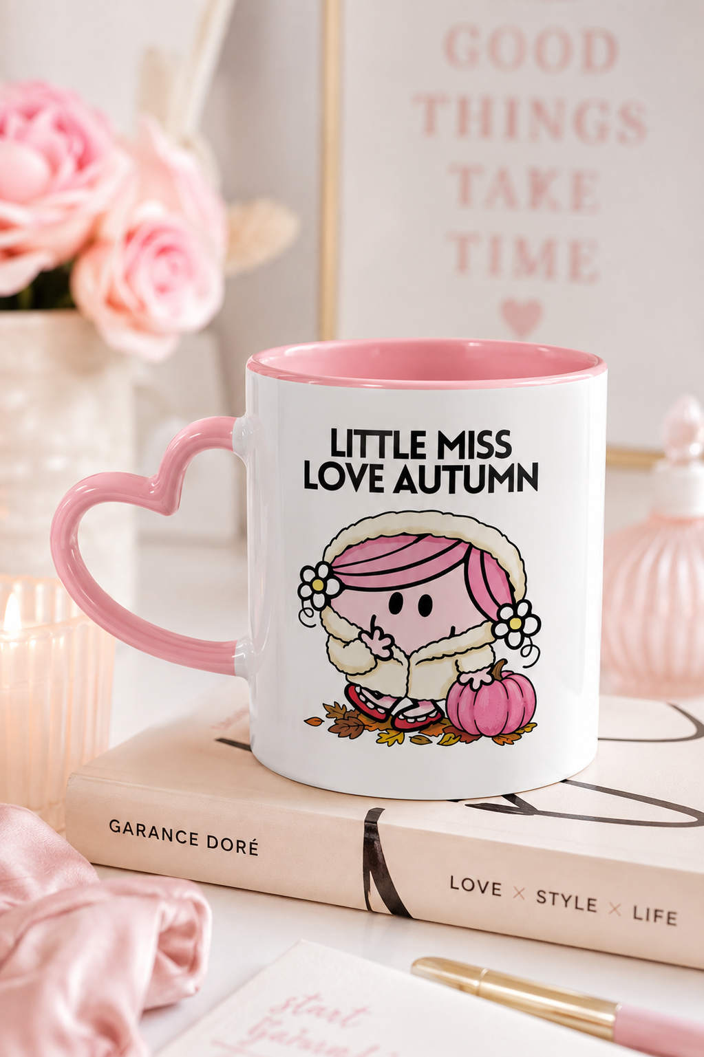 Little Miss Love Autumn Heart Handle Mug – Cute Pink Ceramic Coffee Mug, 11oz Fall Aesthetic Gift