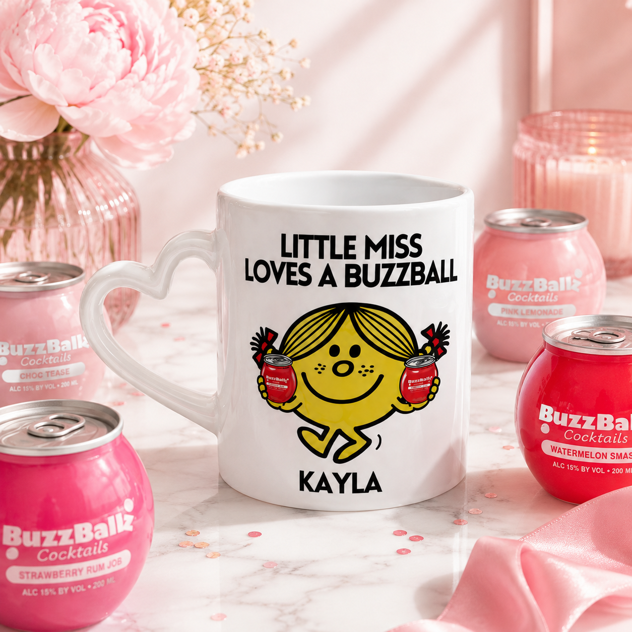 Personalised Heart Handle Ceramic Mug "Little Miss Loves a Buzzball" 11oz Mug
