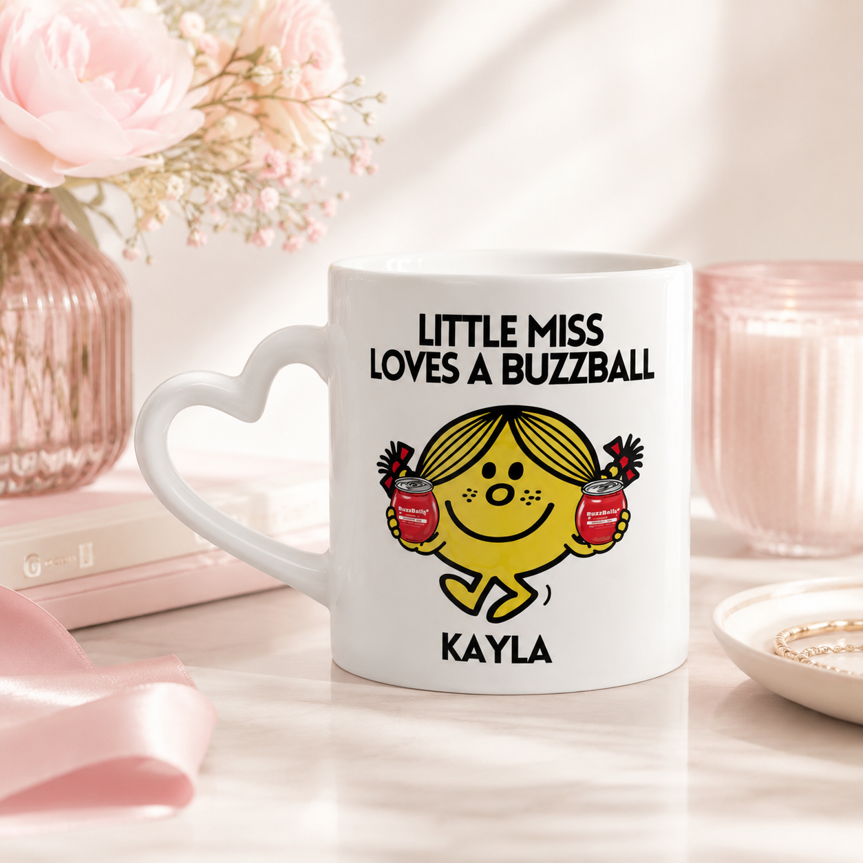 Personalised Heart Handle Ceramic Mug "Little Miss Loves a Buzzball" 11oz Mug