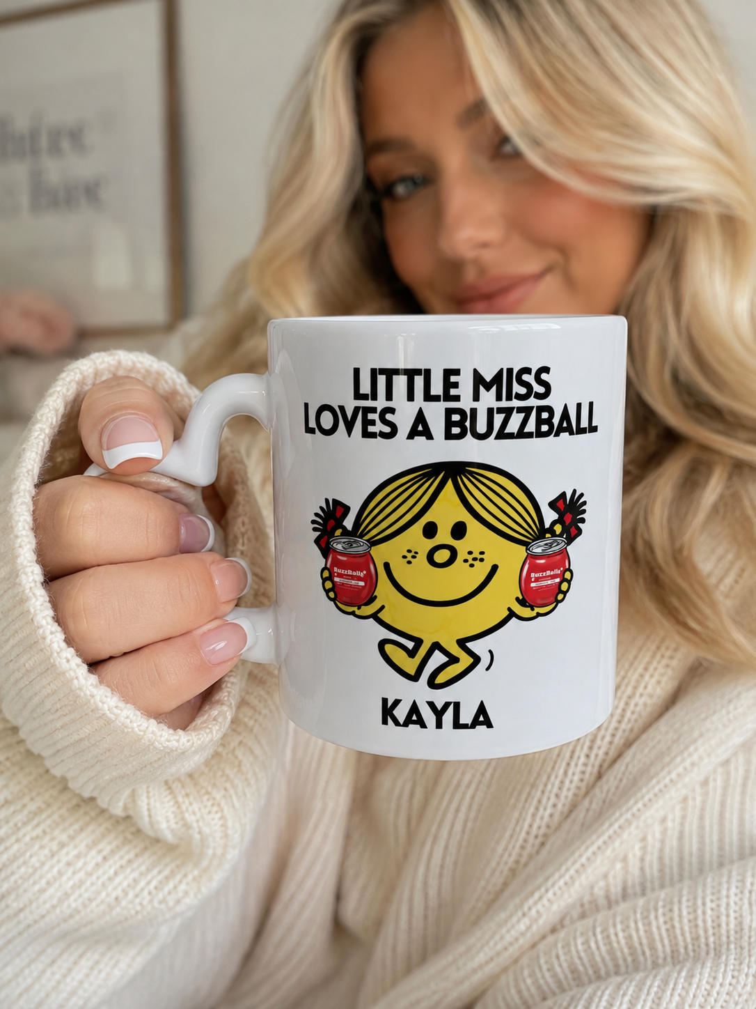 Personalised Heart Handle Ceramic Mug "Little Miss Loves a Buzzball" 11oz Mug