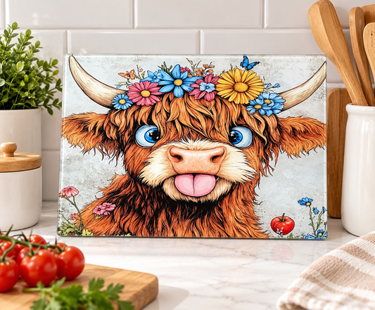Funny Novelty Floral Highland Cow Chopping Glass Board