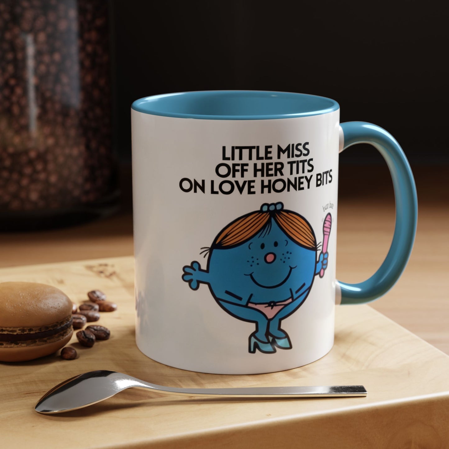 Novelty ' Little Miss Off Her Tits On Love Honey Bits' Funny Valentines Mug / Coaster