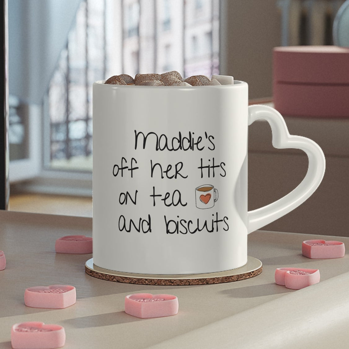 Personalised ' Off Her Tits, On Tea & Biscuits' Novelty Humour Mug