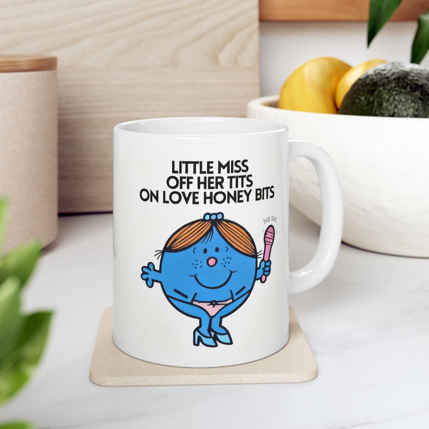 Novelty ' Little Miss Off Her Tits On Love Honey Bits' Funny Valentines Mug / Coaster