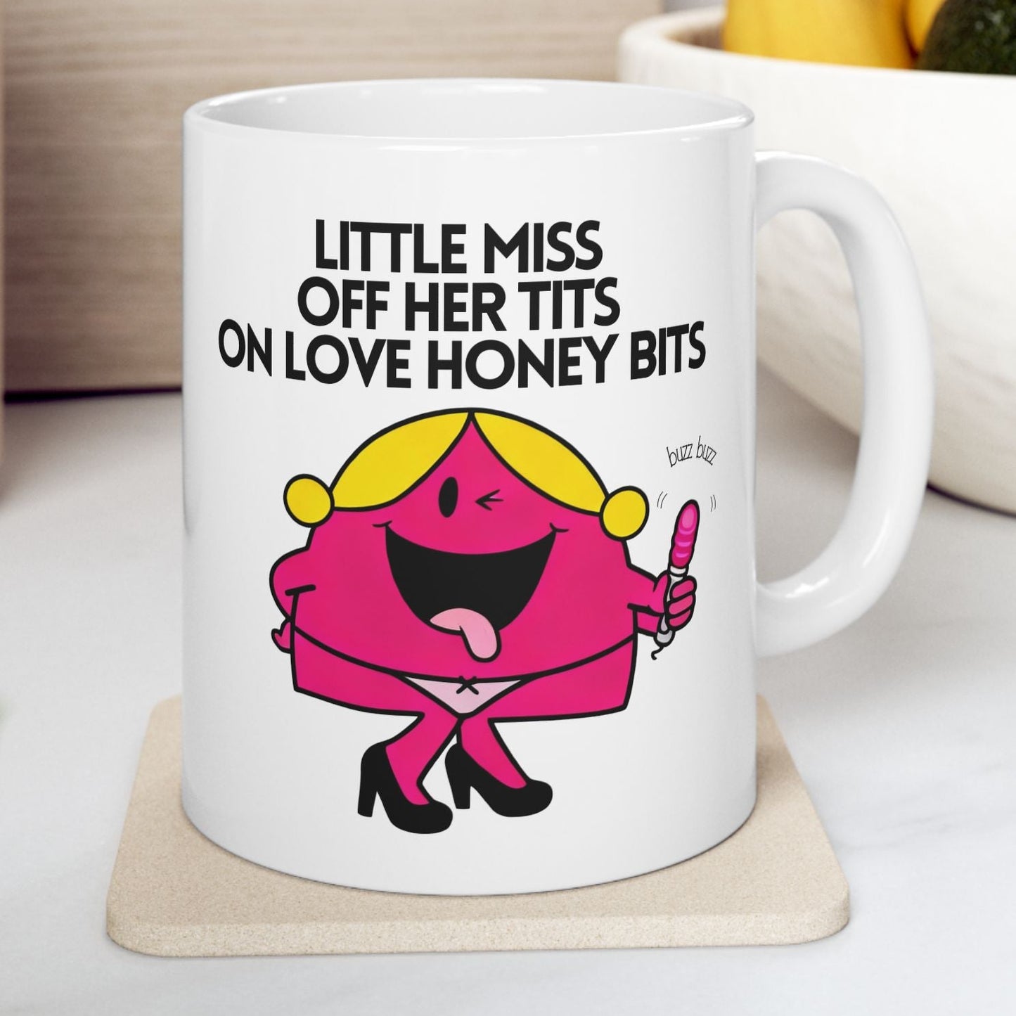 Novelty 'Little Miss Off Her Tits On Love Honey Bits' Funny Valentines Mug / Coaster
