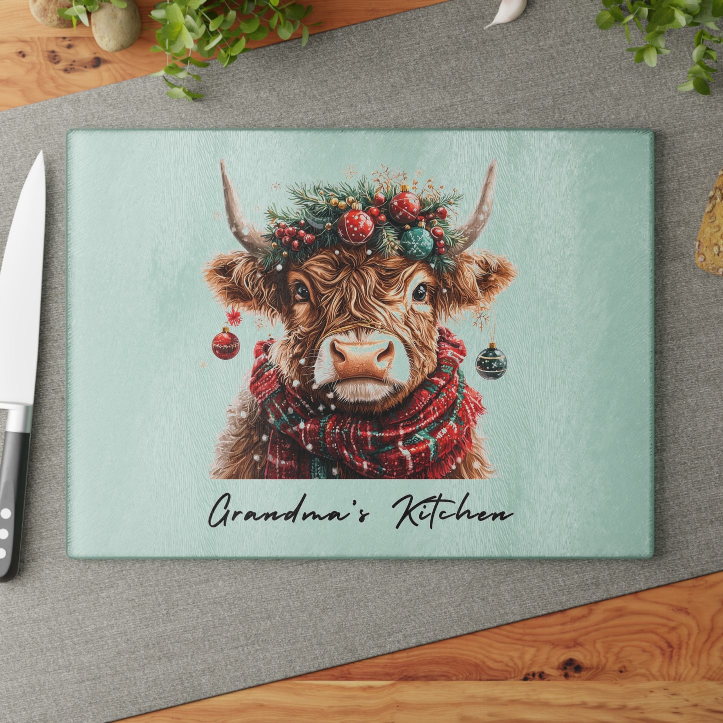 Personalised Highland Cow Christmas Chopping Board