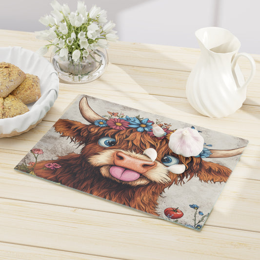 Funny Novelty Floral Highland Cow Chopping Glass Board For Drinks, Hair Tools Etc