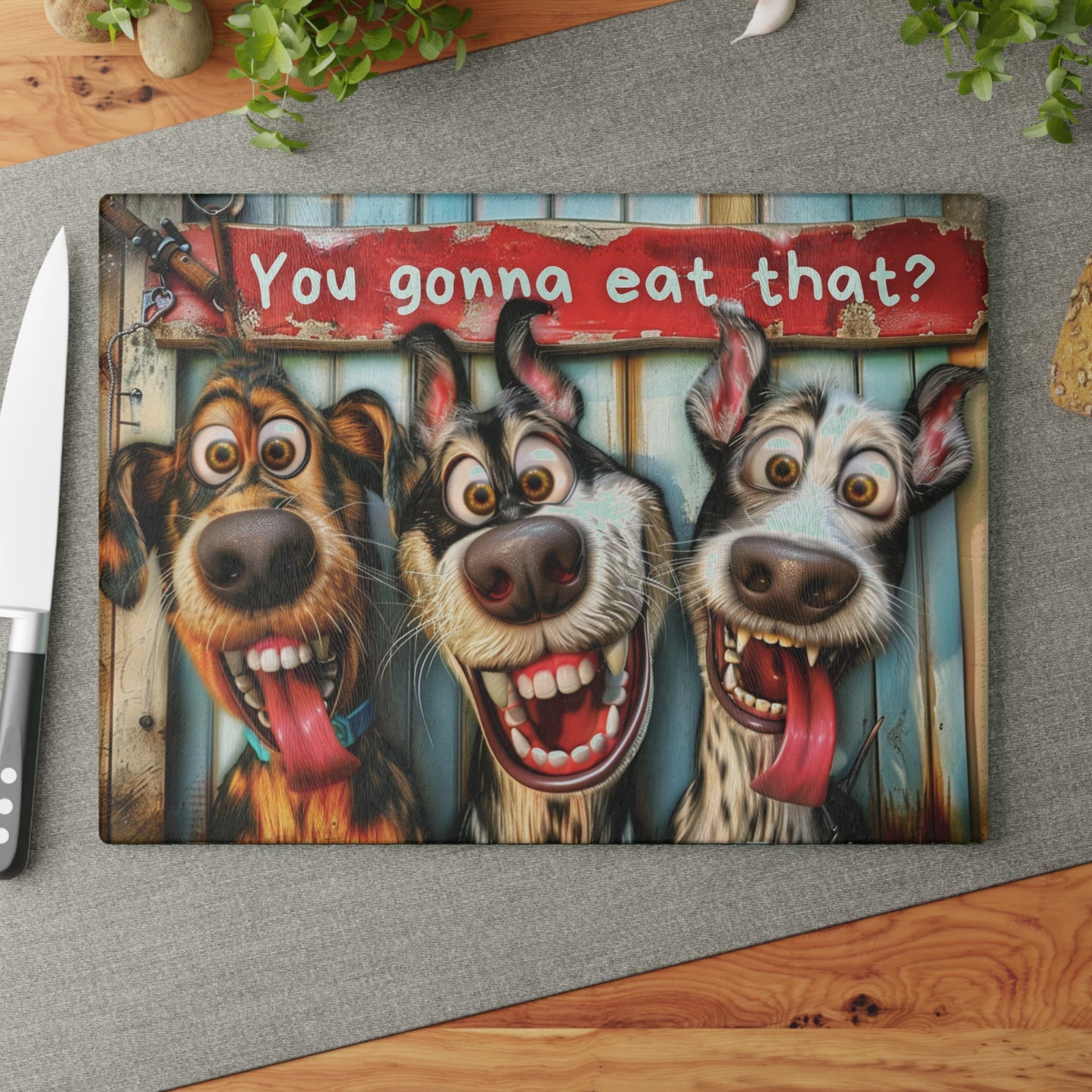 Novelty Dog 'You Gonna Eat That' Kitchen Cutting Tempered Glass Chopping Board