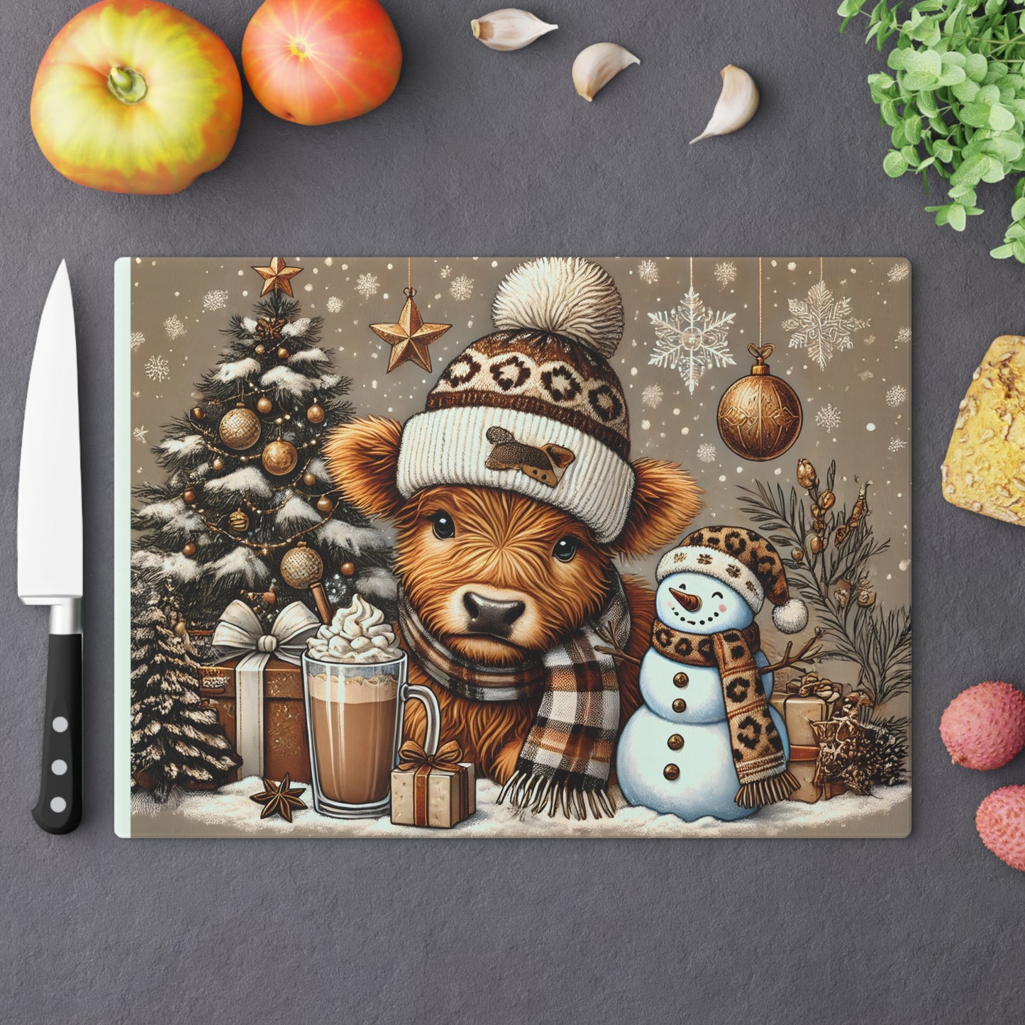 Cute Christmas Highland Cow Drinks, Chopping Glass Board