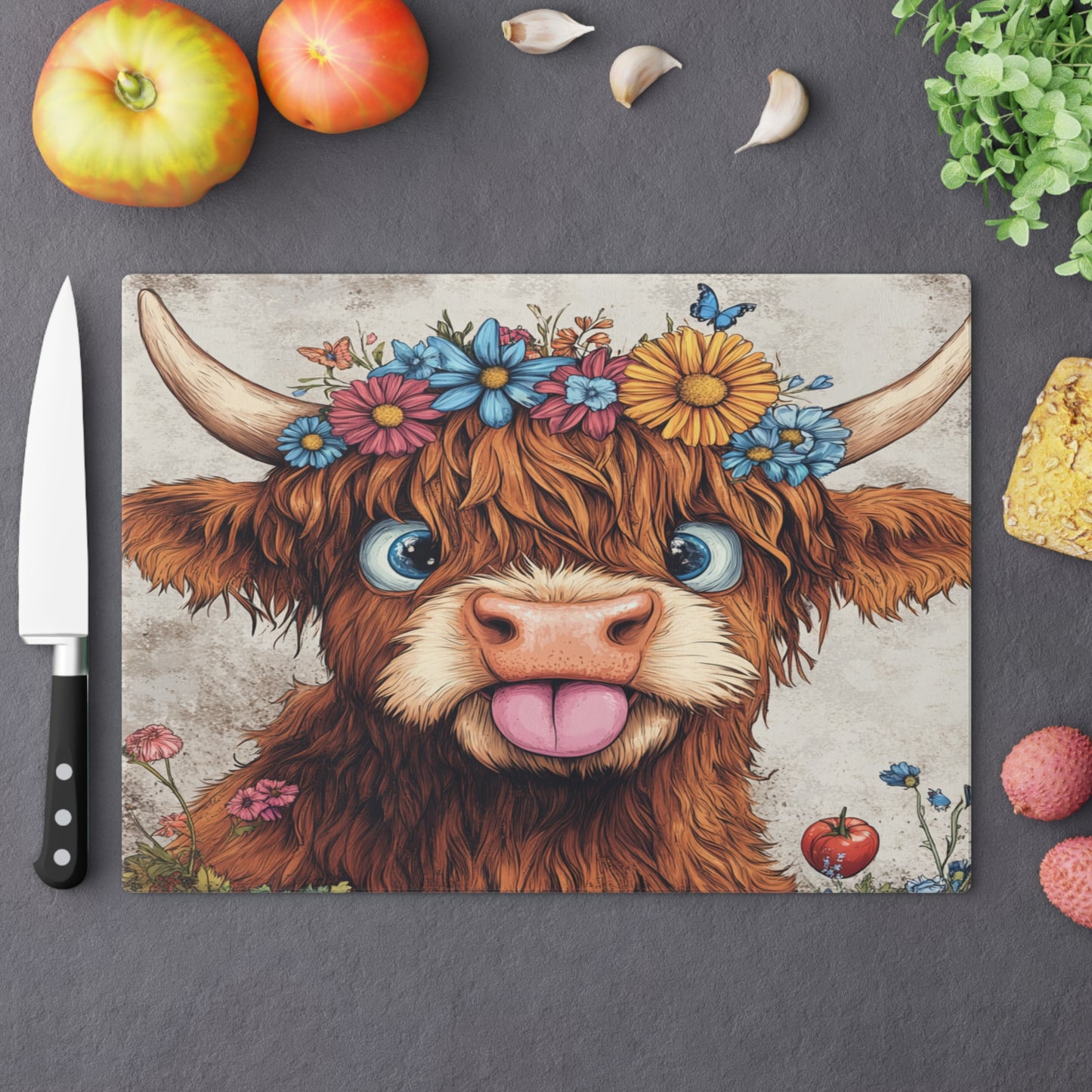 Funny Novelty Floral Highland Cow Chopping Glass Board For Drinks, Hair Tools Etc