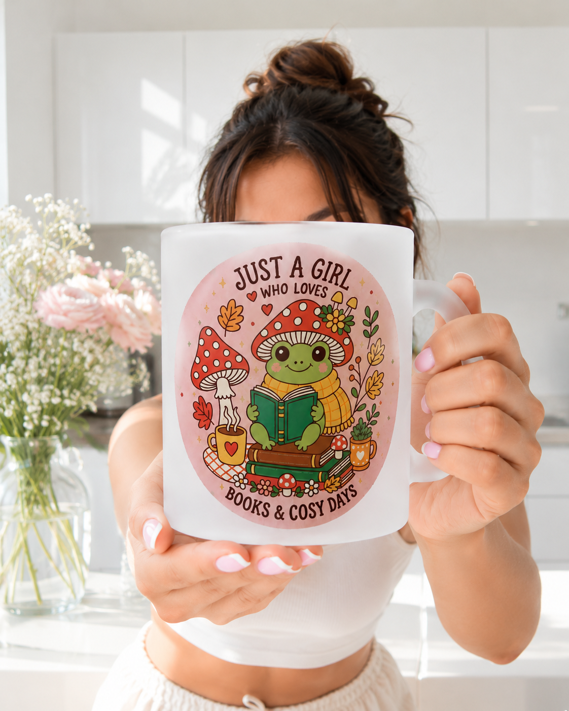 Cute Book Lover Frosted Glass Mug 11oz – "Just A Girl Who Loves Books & Cosy Days" Frog Coffee Cup | Printed In House