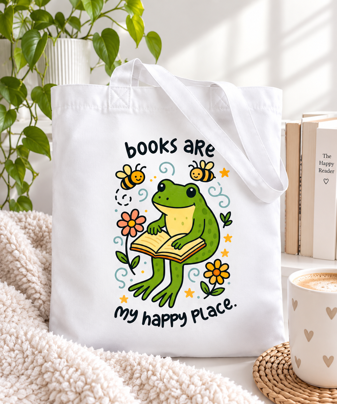 A white canvas tote bag with a colorful cartoon frog reading a book, surrounded by flowers, bees, and the text 'books are my happy place.' The bag is styled in a cozy indoor setting with a plant, books, a mug, and a blanket.