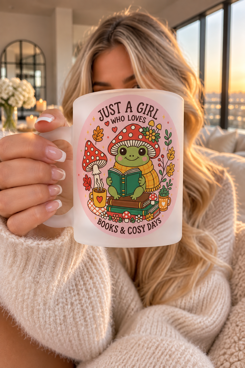 Cute Book Lover Frosted Glass Mug 11oz – "Just A Girl Who Loves Books & Cosy Days" Frog Coffee Cup | Printed In House