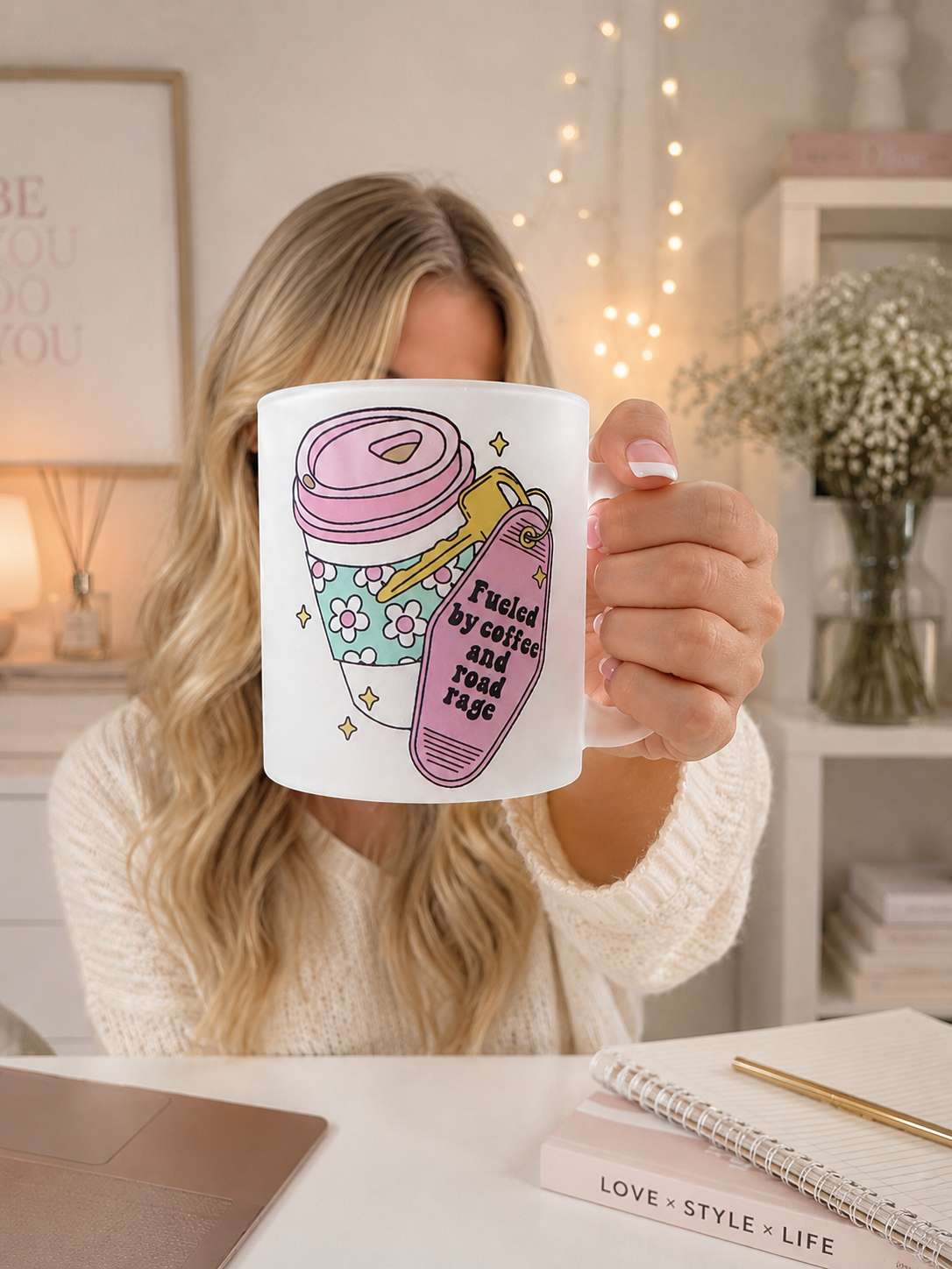 Funny Road Rage Frosted Glass Mug 11oz – "Fueled By Coffee And Road Rage" Novelty Coffee Cup | Printed In House