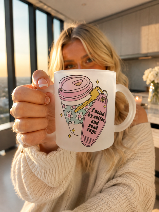 Funny Road Rage Frosted Glass Mug 11oz – "Fueled By Coffee And Road Rage" Novelty Coffee Cup | Printed In House