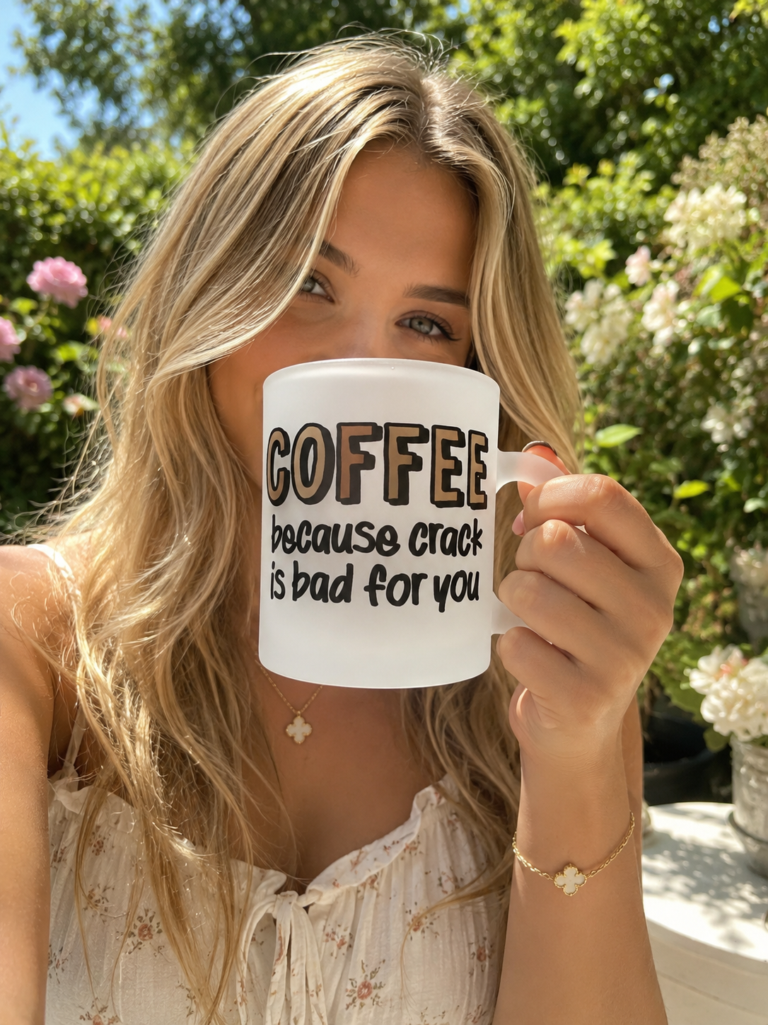 Funny Coffee Frosted Glass Mug 11oz – "Coffee Because Crack Is Bad For You" Novelty Coffee Cup | Printed In House