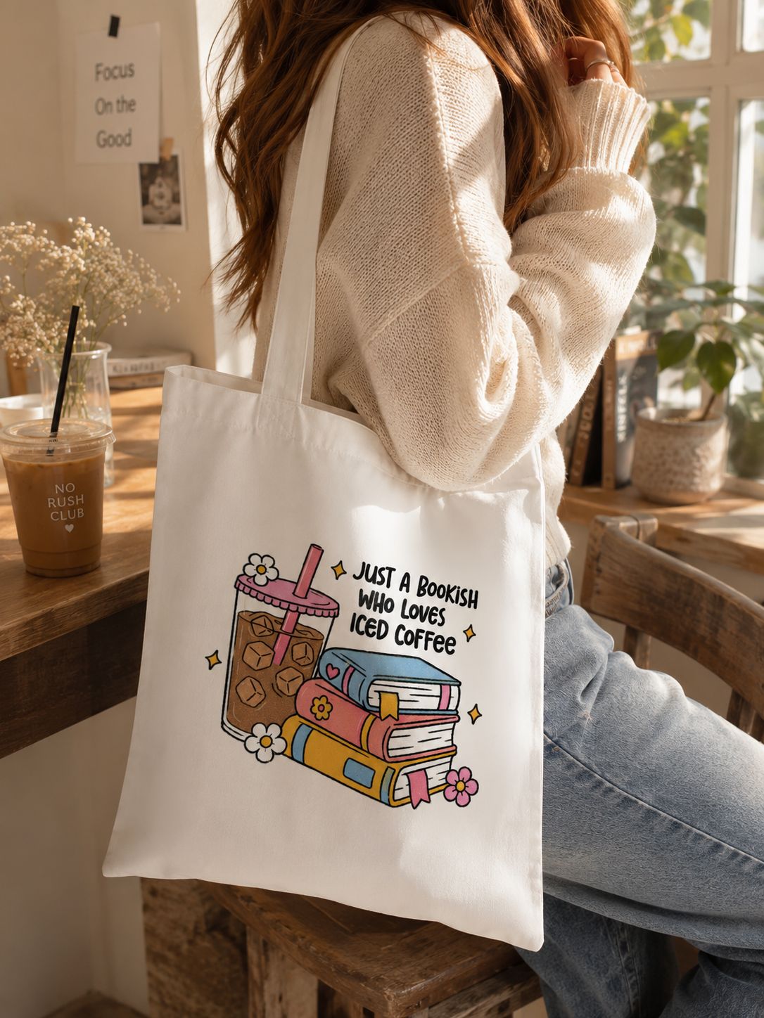 Just a Bookish Girl Who Loves Iced Coffee Tote Bag | Cute Book Lover Gift | Coffee & Books Shopper Bag | 100% Polyester Tote