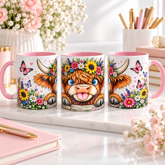 Highland Cow Cute Floral Mug – Pink Ceramic Coffee Mug, 11oz Gift