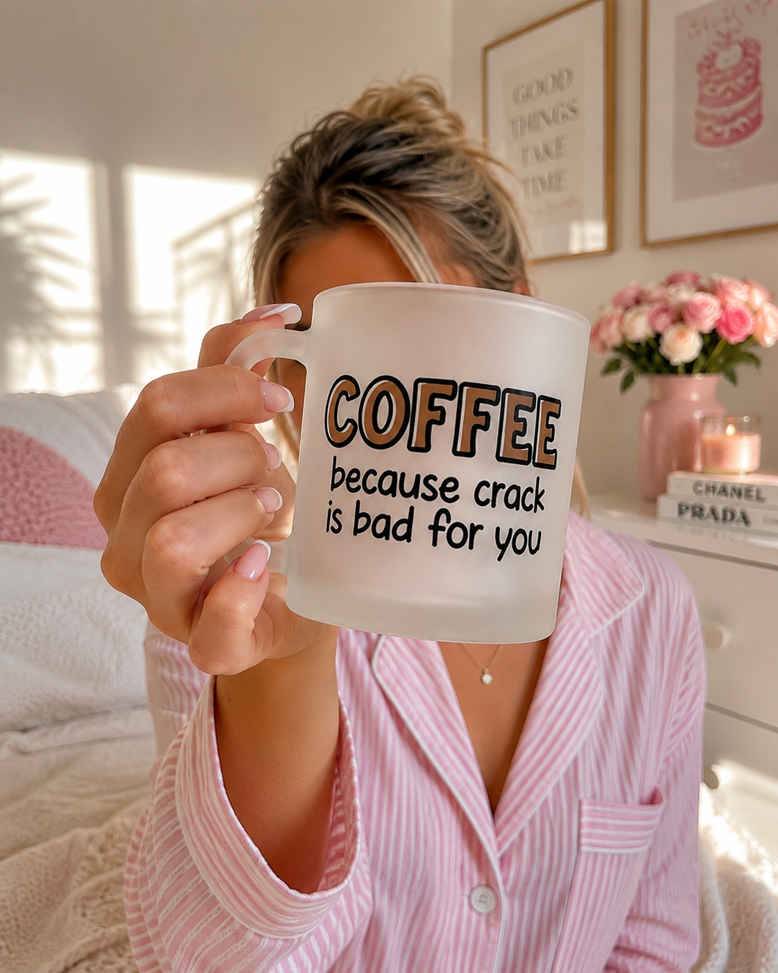 Funny Coffee Frosted Glass Mug 11oz – "Coffee Because Crack Is Bad For You" Novelty Coffee Cup | Printed In House