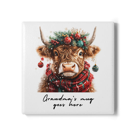 Personalised Christmas Highland Cow Ceramic Coaster