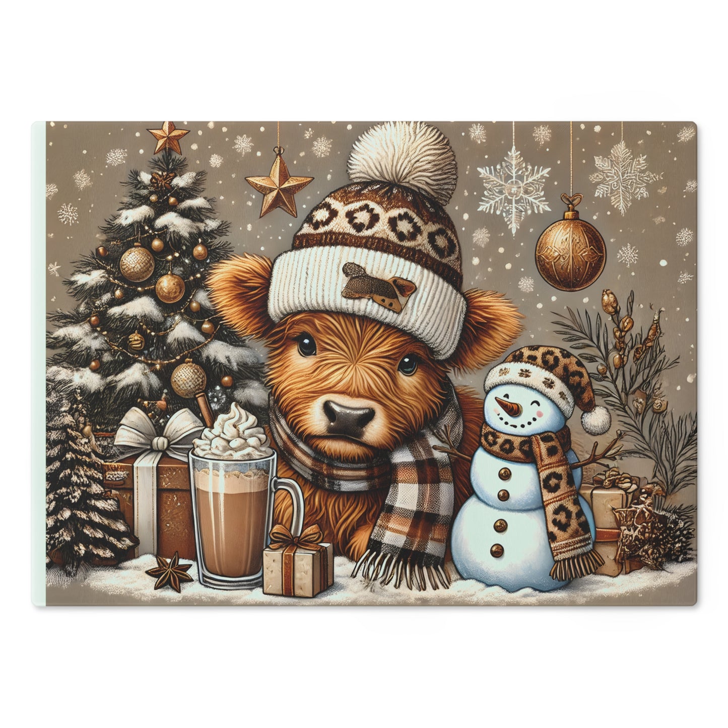 Cute Christmas Highland Cow Drinks, Chopping Glass Board