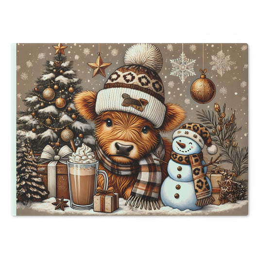 Cute Christmas Highland Cow Drinks, Chopping Glass Board