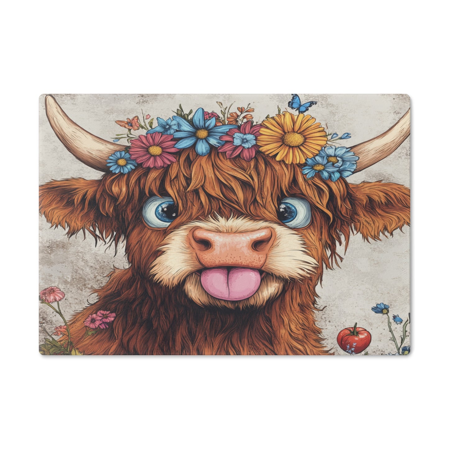 Funny Novelty Floral Highland Cow Chopping Glass Board For Drinks, Hair Tools Etc