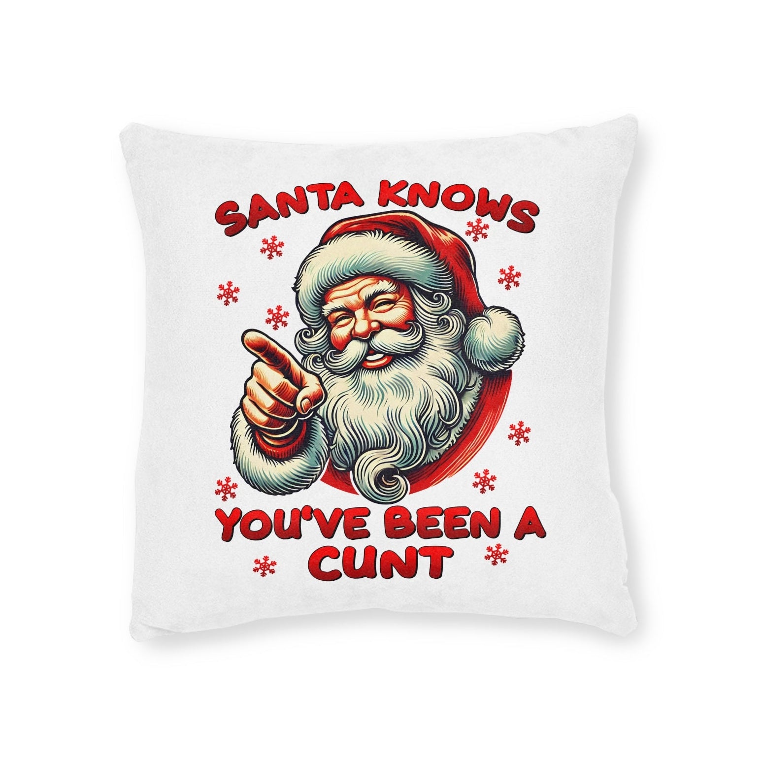 Pillow with Santa Claus graphic and text on a white background